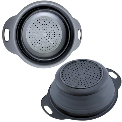 Passoire ronde pliable en silicone noir avec poignées en plastique