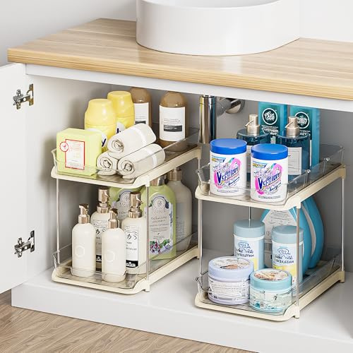 Delamu Under Sink Organizer, Küchen Spülschrank organizer, Beige | 2 Stück, 2 Etagen Badezimmer Organizer, Multifunktional für Küche & Badezimmer, Acryl,Schrank Organizer Ausziehbar