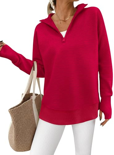 PRETTYGARDEN Womens Long Sleeve Quarter Zip Pullover Sweater Casual Loose V Neck Collared Ribbed Knit Jumper Tops Thumb Hole | Casual Loose V Neck Sweaters with Thumb Hole, Collared Ribbed Knit Jumper Tops, Oversized Tunic Tops, Fall Outfits 2026