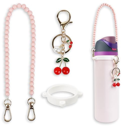Handle Strap and Cherry Charm Set for Owala Water Bottle 24 oz, 32 oz, 40 oz, Owala Kids, Owala Coffee Tumbler, Owala FreeSip, for Owala Accessories & Stanley Cup Accessories (Beaded Pink)