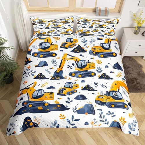 Homemissing BAU Bettwäsche Set 155x220cm LKW Bettbezug Set Kinder Jungen Cartoon Machinery Bagger Traktor Bettwäsche Schlafzimmer 2Stück Unter Baufahrzeugen Betten Set
