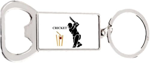 Cricket Stumps Bat Sport Rectangle Bottle Opener Metal Keyring and Velvet Gift Bag