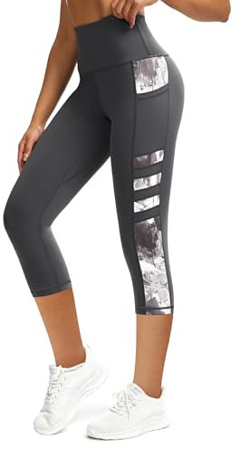 Tuspryt Sport Leggings Damen mit Taschen,Blickdichte High Waist Sporthose Damen 3/4 Fitnesshose Laufhose Capri Gym Leggins L