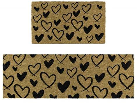 JVL Eco-Friendly Latex Backed Coir Entrance Doormat and Runner Set - Hearts