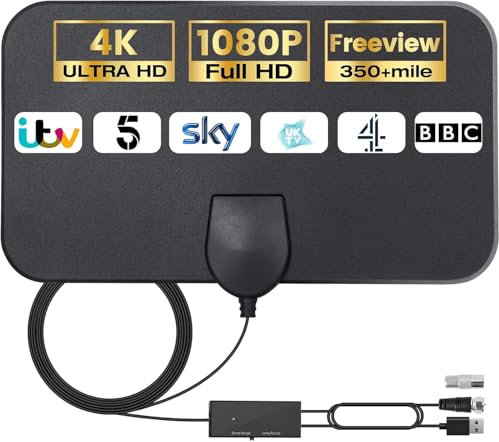 2025 Indoor TV Aerial - Digital Aerial with Booster 350+ Long Range Reception for Freeview TV Support 4K 1080P HDTV & 5M Coax Cable