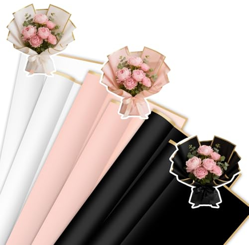 60 Blatt Blumenstrauß Geschenkpapier, Blumenpapier mit Goldenem Rand | Wasserdicht Blumen Geschenkpapier, für Kunst Handwerk Hochzeit Abschluss