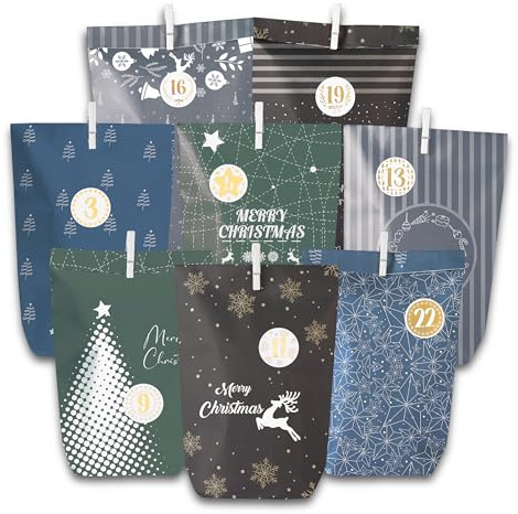 Weihnachts Adventskalender Tüten – 28 DIY Geschenktüten zum Befüllen, mit Zahlenstickern, Holzklammern und Juteband für die Adventszeit