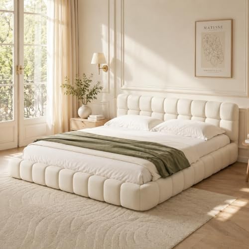 DULRLLY Bubble Bett 140x200, Polsterbett 140x200 mit Lattenrost, Jugendbett Bettgestell mit Gepolstertes Kopfteil für Schlafzimmer und Gästezimmer, ohne Matratze, Leinenstoff (Beige)
