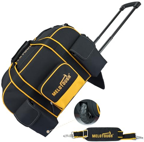 MELOTOUGH Rolling Tool Bag with Wheels, Heavy Duty Tool Bag Organizer with Concealed Telescoping Handle, Large Capacity, Multiple Pockets for Electrician, HVAC, Construction, Carpenter (Yellow)