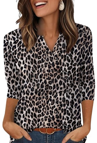 XIEERDUO Ladies Tops 3/4 Sleeve T Shirts for Women V Neck Womens Blouses Pleated Long Sleeve Tunic Leopard Print Size 22-24