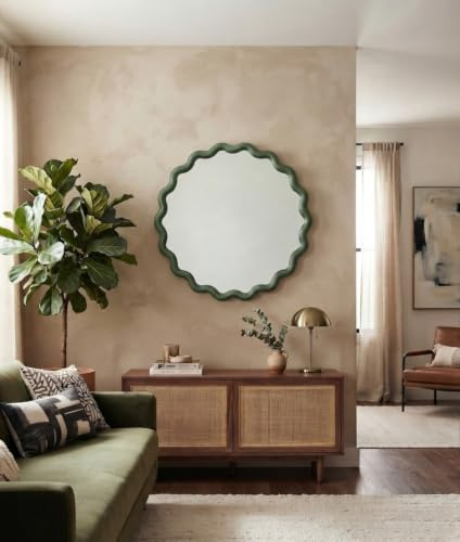 DEENZ Wiggle Wall Mounted Playful Mirror Wavy Frame Contemporary Bordered Glass/Plastic Construction Multicolours Circular Decorative Elements Home Accent Piece Lightweight 50 Cm Dia. (GREEN)