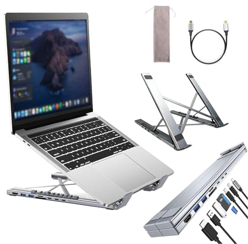 8-in-1 USB-C Laptopständer, Aluminium Laptop Ständer mit 8-in-1 USB C Dockingstation, Faltbarer Stand Doppelter Ständer mit 9 verstellbaren Winkeln Mit HDMI 4K@30Hz, USB 3.0, 100W PD Für Zuhause Büro