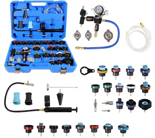 Kühlsystem Entlüftungsgerät & Kühlsystem Abdrückgerät 33tlg Diagnose Satz – Kühlsystem Drucktester Set, Kühlwasser Abdrückgerät, Kühlwasser Messgerät & Kühlmittel Tester – Lecksucher Profi Werkzeug