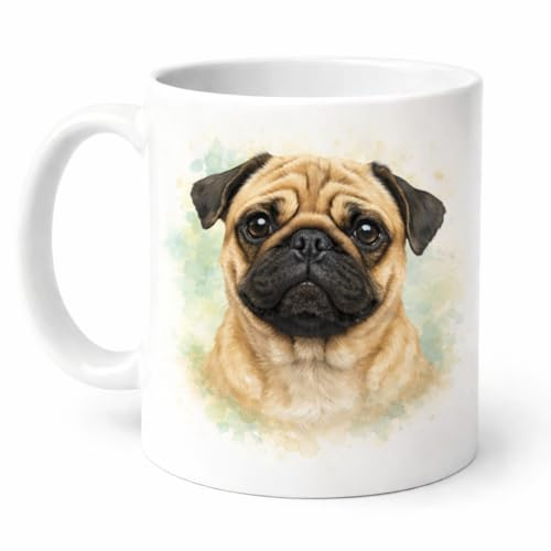 Brew Crew Gifts Pug Mug, Cute Watercolour Portrait Design, White Ceramic Coffee Cup for Dog Lovers