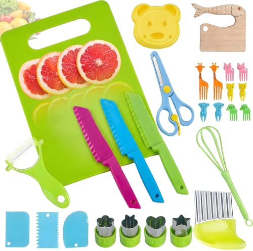 27Pcs Toddler Knife Set for Chopping Kids Knife Set for Chopping Toddler Cutting Montessori Kitchen Tools for Toddlers Child Safe Knives for 3-12 Year Old Children Cooking and Parent-Child Activities