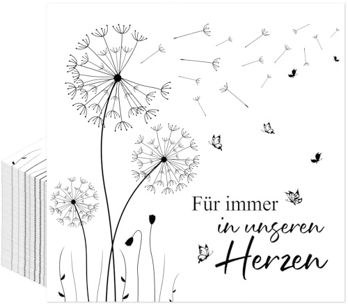 Afritee Servietten Trauerfeier Schwarz Weiß, 40 Stück Servietten Beerdigung Abschied Beisetzung Mit Spruch, Für Immer in Unseren Herzen Trauerservietten Tischdeko 33 X 33cm