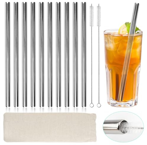 LEIMEND Set di 13 Cannucce Riutilizzabili 215x10mm Cannucce Acciaio | 10 Cannuccia Metallo Cannuccia Acciaio Inox 2 Spazzole per la Pulizia e 1 Sacchetto per Frullati Milkshake Boba e Bubble Tea