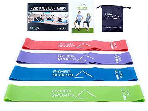 Ryher Elastic Loop-Widerstand-Bänder – Elastic Training Bands Set für Männer und Frauen - Best für Strecken, Physiotherapie und Home Fitness - Instructional PDF & Tragetasche (4 BÄNDER)
