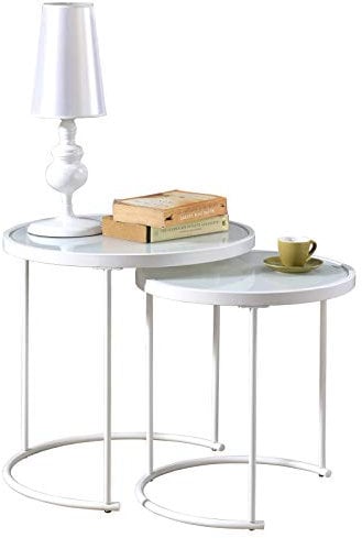 IDIMEX Lot de 2 Tables d'appoint LEYRE Tables Basses de Salon gigognes, Tables à café, Bouts de canapé Design Industriel, Plateau Rond en Verre trempé Blanc Cadre en métal Blanc