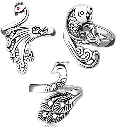 Sessleger 3 Stück Strickschnallenring, verstellbar, Pfau, offener Finger, roter Fisch, Fingerhakenhalter, Fingerhalter