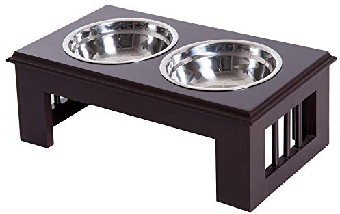 PawHut Gamelles Chiens surélevées gamelle Double Chien Chat Porte-gamelles surélevé dim. 44L x 24l x 15H cm 2 gamelles 0,9L Acier INOX. incluses Bois Chocolat