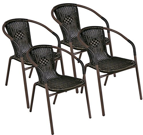 Nexos Trading 4er Set Bistrostuhl B-Ware Stapelstuhl Balkonstuhl Rattanstuhl Terrassenstuhl – Poly-Rattan Stahl – pflegeleicht stapelbar – dunkel-braun