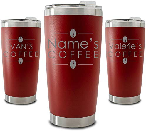 Personalised Engraved 500ml Red Travel Cup with Name's Coffee Design, Personalise with Any Name