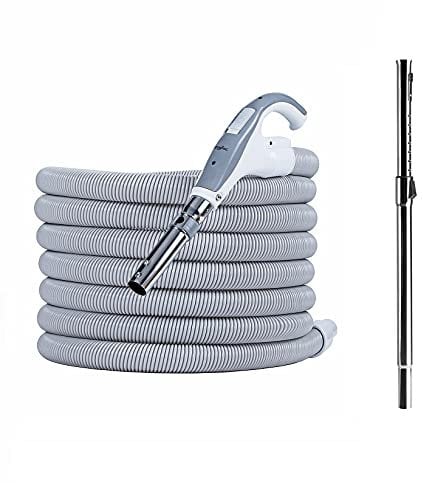 HouseVac Premium Saugschlauch für Zentralstaubsauger Länge 9-12m und Teleskoprohr | Beide Schlauchenden drehen Sich um 360 Grad | mit EIN/AUS-Schalter | Clipbefestigung (12m)