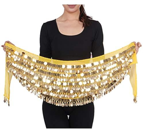 Bauchtanz Tribal Hüfttuch Chiffon Bauchtanz Kostüm Wickelgürtel mit Goldmünzen Röcke (Gelb)