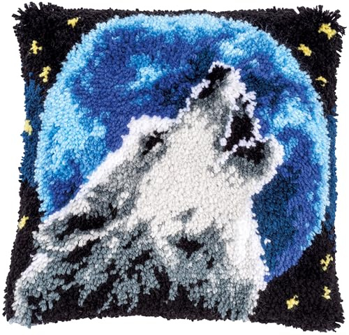VERVACO Knüpfkissen Set Deko Kissenbezug Knüpfset für Anfänger WOLF Basteln Erwachsene Kreativ DIY Handarbeit Kissen zum Selber Knüpfe 40 x 40 cm Latch Hook Kit Knüpfhaken Set Kissen