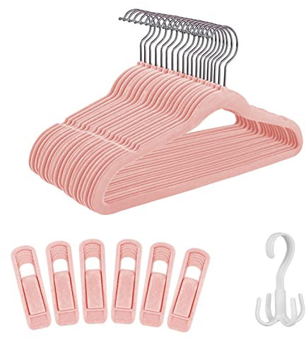 Tinfol Paquete de 30 Perchas de Terciopelo Rosa para niños, Perchas Antideslizantes para bebés con 6 Pinzas de Terciopelo, Perchas ultrafinas Que ahorran Espacio para Ropa de niños y recién Nacidos