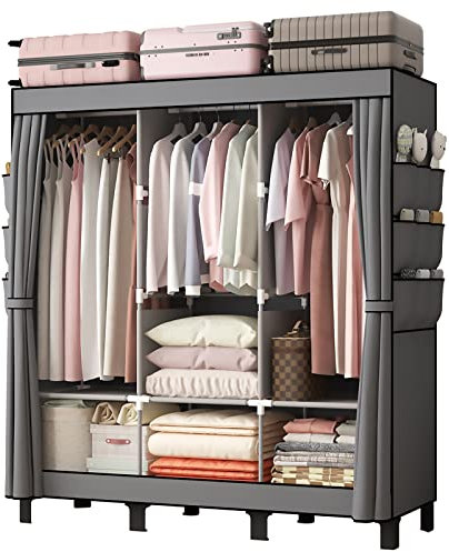 LOEFME Canvas Wardrobe 172 * 130 * 45cm, for Bedroom, New Base Design Wardrobes with 2 Hanging Rails and 18 Side Bags, Fabric Closet, Cheap Folding Wardrobe, Grey