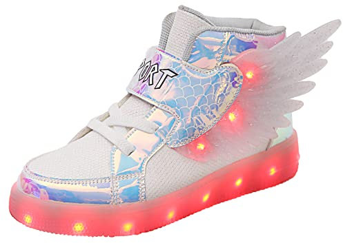 YUNICUS Beleuchtete LED Schuhe für Kinder Mädchen - High Top Leuchtende Turnschuhe mit USB-Aufladung (Kleines Kind, White 28 EU)