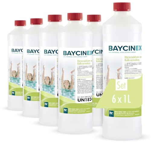 6 x 1 l Baycinex® Härte-Stabilisator mit Antikalkwirkung für Pool | Beugt Kalk- und Metallablagerungen, Verfärbungen und trübem Wasser vor - Chlorstabile Flüssigformel