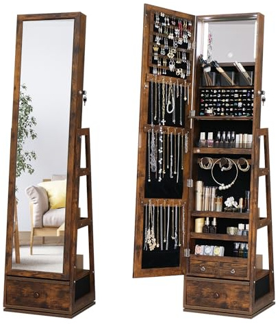 MASMIRE 360° Swivel Full Length Mirror Jewelry Cabinet Standing With Built-In Mirror Jewelry Armoire With Mirror Drawers, Lockable Storage Christmas Gift Rustic Brown