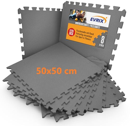 EVRIX® Bodenschutzmatte Grau Fitness extra dick (20% mehr Schutz) - 8 Teile (50x50cm) - Puzzlematte Sportmatte Pool unterlegmatte Yoga Matte Fitnessmatte Bodenmatte für Fitnessraum und Fitnessgeräte