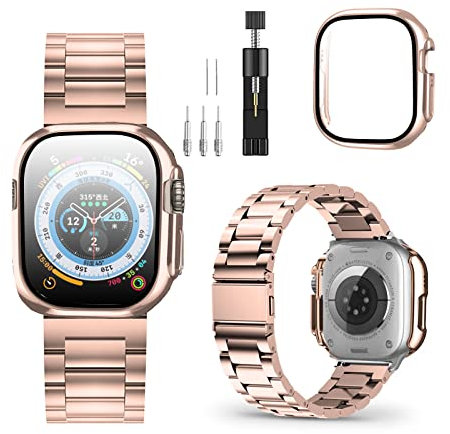 BELIYO Armband Kompatibel mit Apple Watch Ultra2/Ultra,Armband aus edelstahl und galvanisiertes schutzhülle für Apple Watch schutzhülle 49mm(49mm schutzhülle,Roségold)