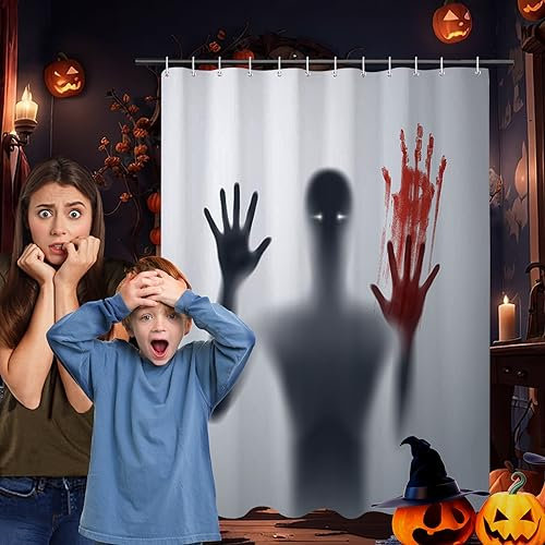 Minicoco Tenda da doccia per Halloween, spaventosa e insanguinata, in poliestere, decorazione per il bagno di Halloween, con 12 ganci, 180 x 180 cm (nero)