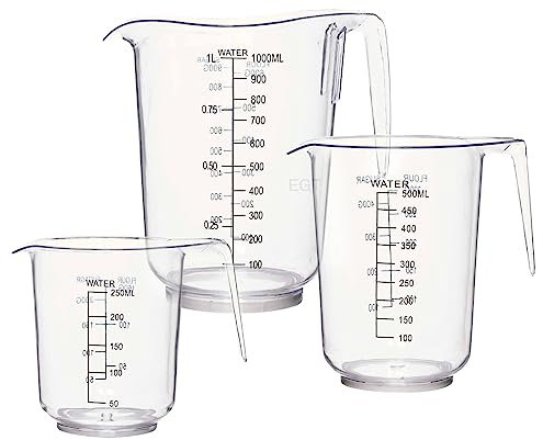Set of 3 - Acrylic Plastic Measuring Jugs Grip Backing Kitchen Set for Flour Sugar Water with Handle & Stackable Displays Grams & Millilitre Measurements Ideal for Use While Following Recipes