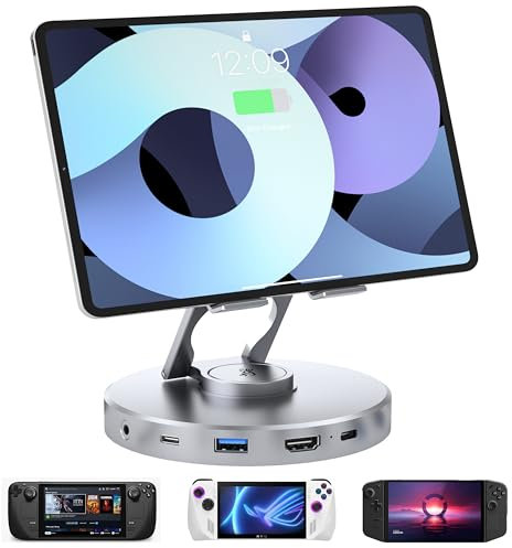 Docking Station 10 in 1 4K@60Hz HDMI SD TF 4.0 Reader,Gigabit Ethernet RJ45 100W PD,3.5mm Audio Jack,USB A,USB C Rotatable Folding Type-C Tablet Stand Holder Pour iPad,Steam Deck,ROG,Legion Go