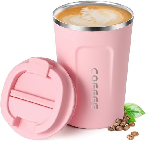 ERBO Coffee Cup Travel Mug, Insulated Coffee Cup with Leakproof Lid, Travel Mugs for Hot and Cold Drinks, Reusable Stainless Steel Coffee Mug, Double Walled Thermal Mug 380ml (Pink)