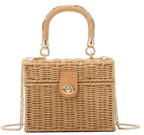 SUKUTU Handgeflochtene Rattantasche für Frauen Geflochtener Strohhalm Square Crossbody Bag Vintage Korb Handtasche Strand Tragetasche