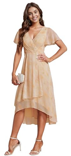 Ever-Pretty Brautjungfernkleid Asymmetrisches High Low A-Linie Chiffon V Ausschnitt Elegantes Damenkleid Goldene Rose 44