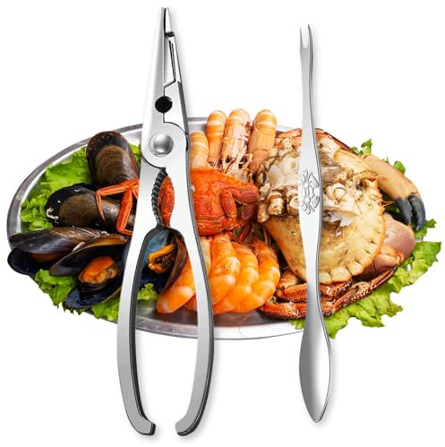CHEFZOCO Pinza y Tenedor para marisco, Utensilios para marisco, Herramientas para marisco, Pinza y Tenedor para crustáceos, Pinzas para marisco, Set de Apertura de mariscos, Acero Inoxidable