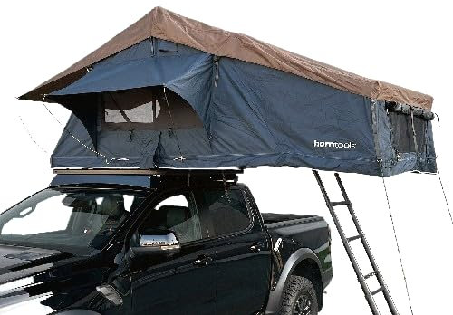 Horntools Dachzelt Elements Ocean–2-Personen Dachzelt–Wasserdicht, UV-beständig–Einfacher Aufbau–Geeignet für Autos und SUVs–Campingausrüstung–Inkl. Matratze,Leiter,Schutzhülle (Mit Vorzelt, 165 cm)