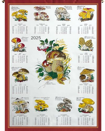 Stoffkalender Wandkalender, diverse Motive, 45 x 65 cm, Baumwolle, inkl Stab und Kordel (0169-Pilze 2025)