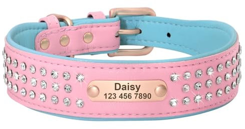 Personalisiertes Hundehalsband,Individuelles Strass-Hundehalsband Mit Schnalle,Graviertes ID-Halsband Für Mittelgroße Und Große Hunde,Rosa,M