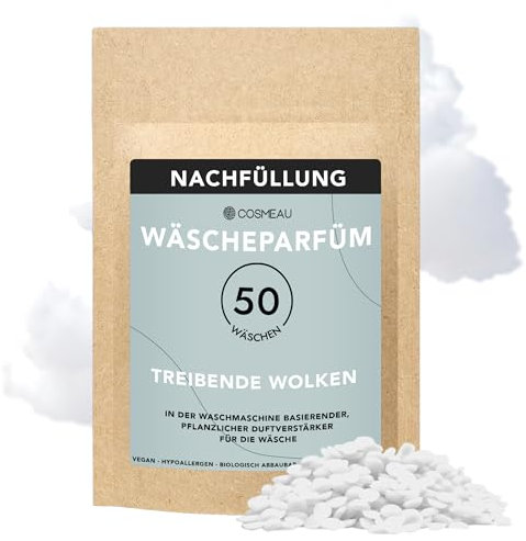 Cosmeau Wäscheparfüm Perlen Treibende Wolken Nachfüllpack - Nachhaltige Duftperlen für Waschmaschine - Bis zu 50 Waschladungen und 24 Wochen Frische - Plästik Frei, Vegan & Zero Waste