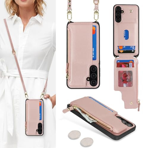 SailorTech Coque pour Samsung Galaxy A35 5G Étui avec Porte-Cartes de crédit, Etui pour Samsung Galaxy A35 5G Housse avec Courroie de Cou Portefeuille avec Fentes pour Cartes de crédit-Or Rose