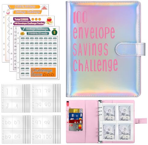 Geld Sparen Challenge, A5 Sparbuch für Geld Challenge 100 Envelope Saving Sparchallenge Budgetplaner mit 25 Geldumschläge 3 Markierungskarten Geld Organizer für Schule Geschenke zum Schulanfang